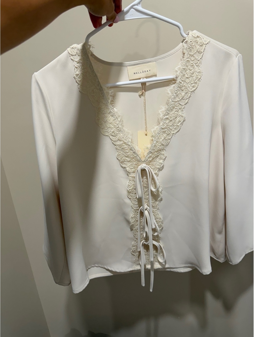 NWT Melloday Ivory Lace Trim Tie Front Blouse Romantic Boho Coquette Top